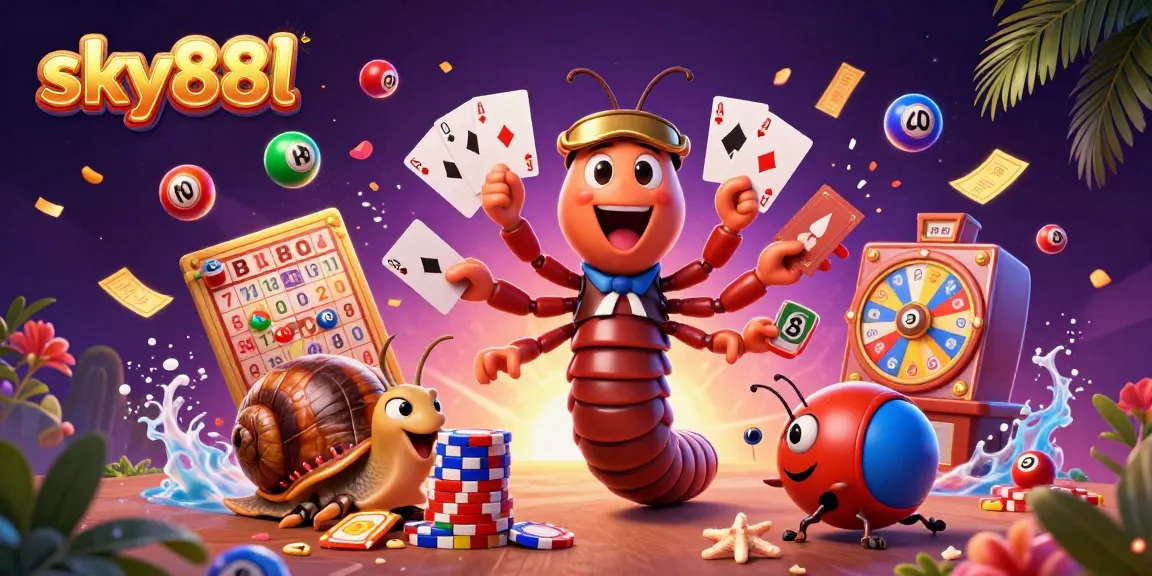 Experience excitement at sky88l with a vibrant casino scene featuring a millipede dealer and thrilling lottery elements.
