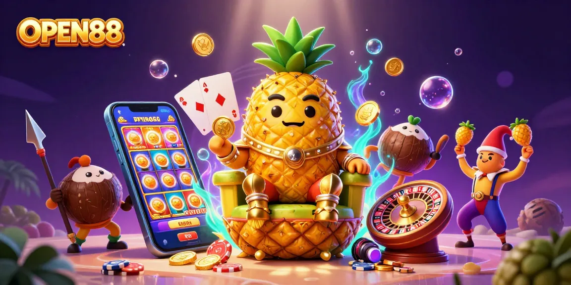 Engage with OPEN88's vibrant casino scene featuring a golden pineapple king and dynamic slots.