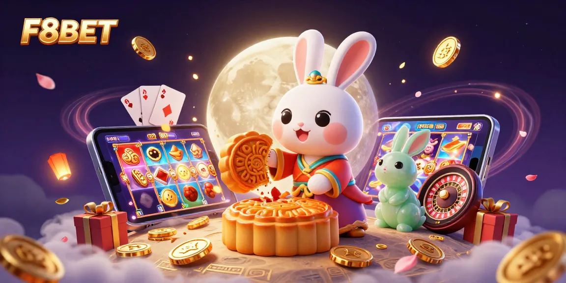 F8BET casino promotion with rabbit characters, golden mooncakes, and vibrant gaming elements