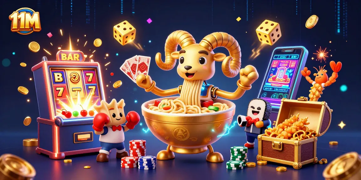 Engage with 11M's exciting casino scene featuring vibrant characters dealing cards and winning jackpots.