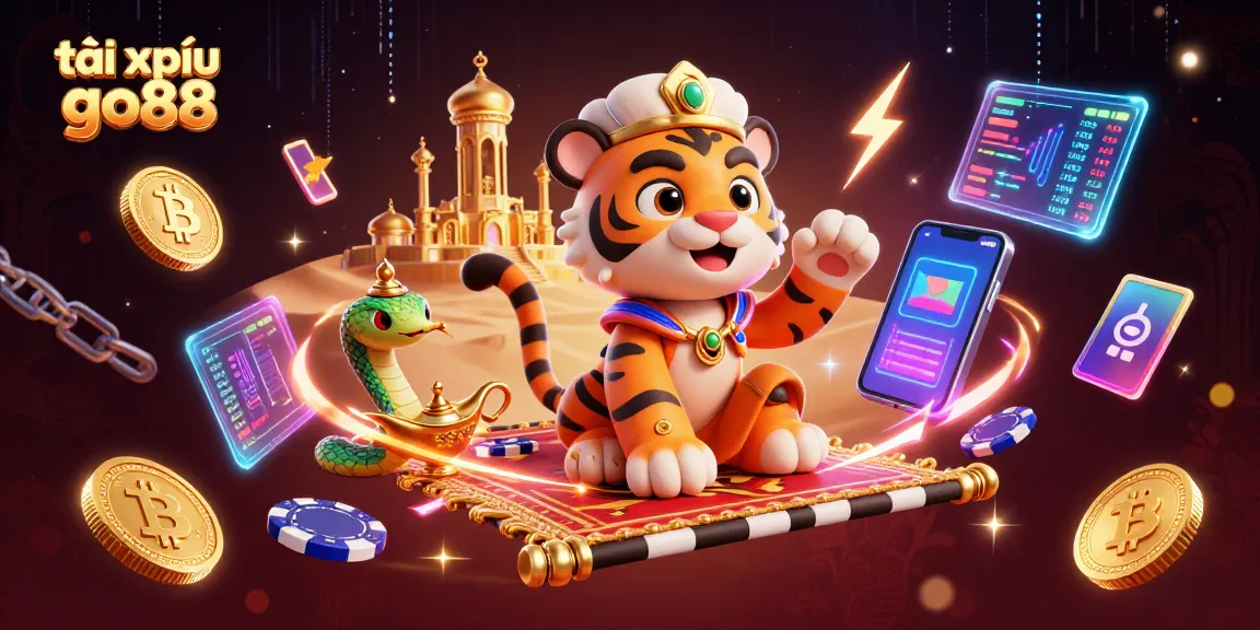 Experience tài xỉu go88 action with a cartoon sultan flying on poker chips, enriched with vibrant casino elements.