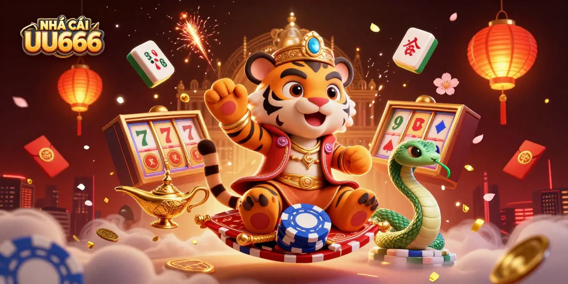 Exciting scene displaying NHÀ CÁI UU666 with a tiger sultan, magic genie, and vibrant casino elements.