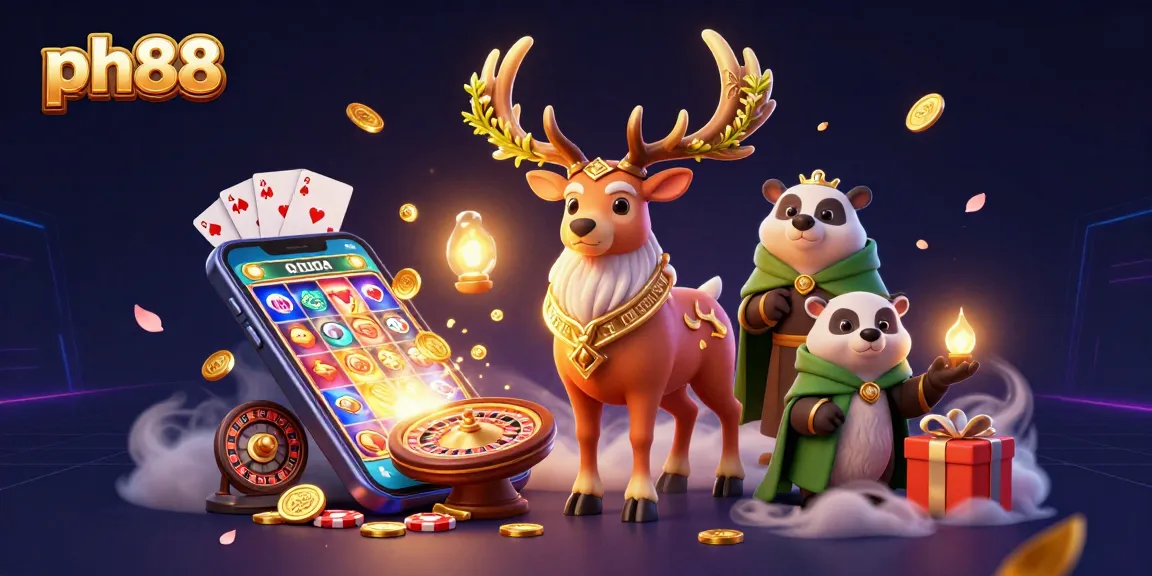 Capture the excitement at ph88 with a vibrant 3D casino scene featuring magical creatures and thrilling gaming elements.