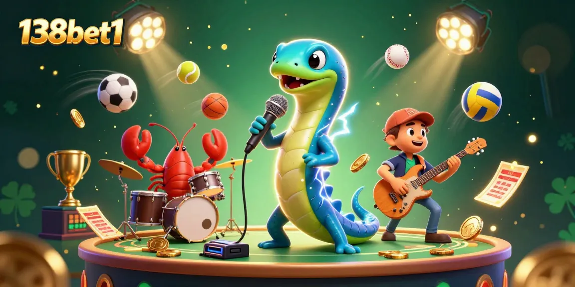 Experience the thrilling 138bet1 gaming scene with an electric eel DJ, sea creatures, and dynamic sports elements.