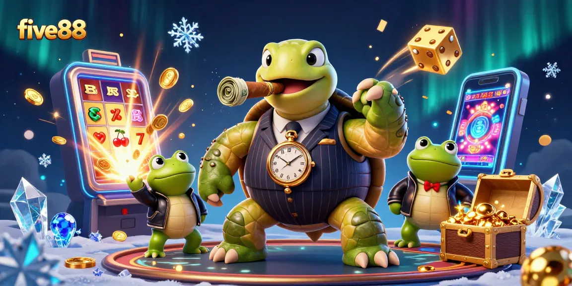 Experience the excitement of five88 with a dynamic casino scene featuring a snapping turtle in a pinstripe suit.