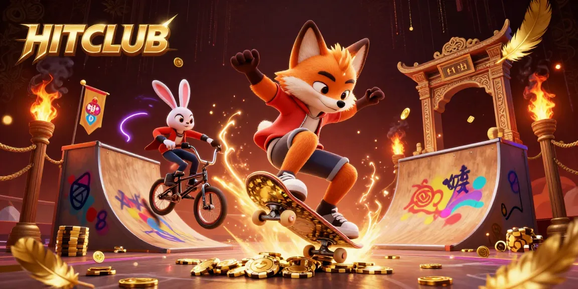 Experience dynamic gaming thrills at HITCLUB with skateboarder fox and BMX rabbit in a vibrant casino scene.