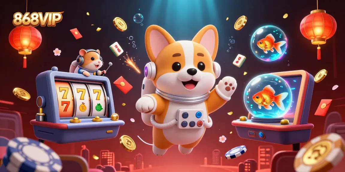 Experience the thrill of winning at 868VIP Casino with an astronaut corgi, immersed in a vibrant digital gambling galaxy.