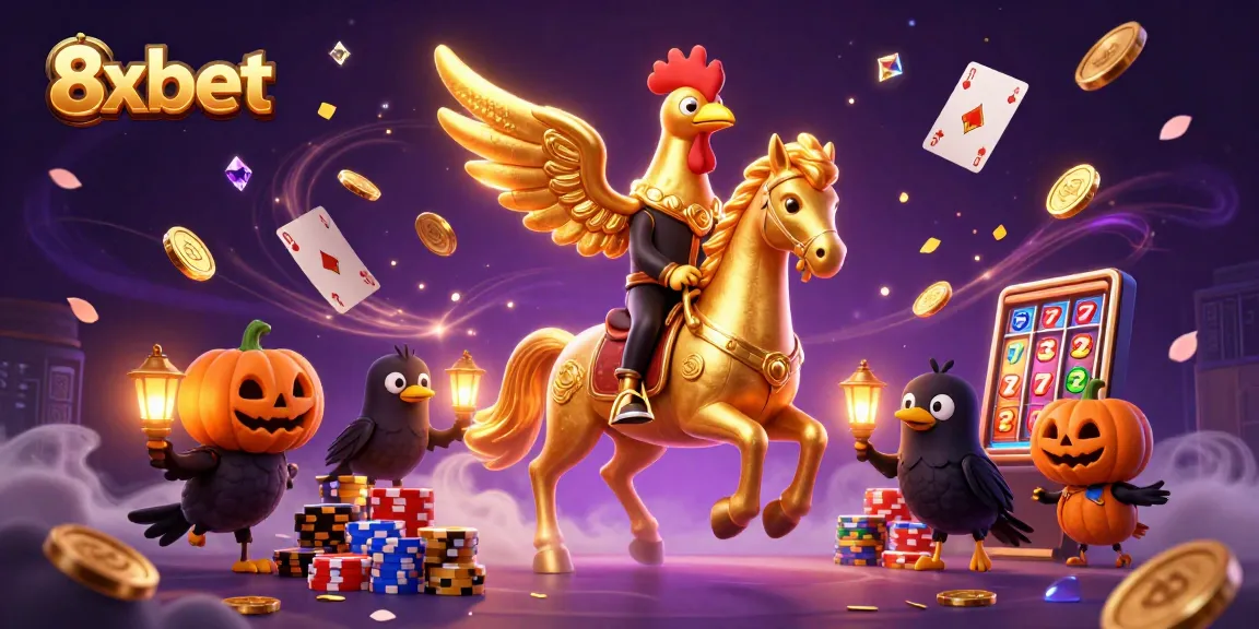 8xbet gaming scene with a golden rooster, casino elements, and vibrant treasures