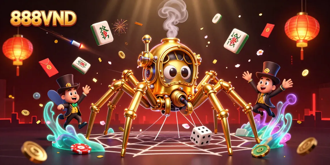 Experience thrilling 888VND gaming with a dynamic steampunk spider and cheerful fly surrounded by vibrant casino elements.