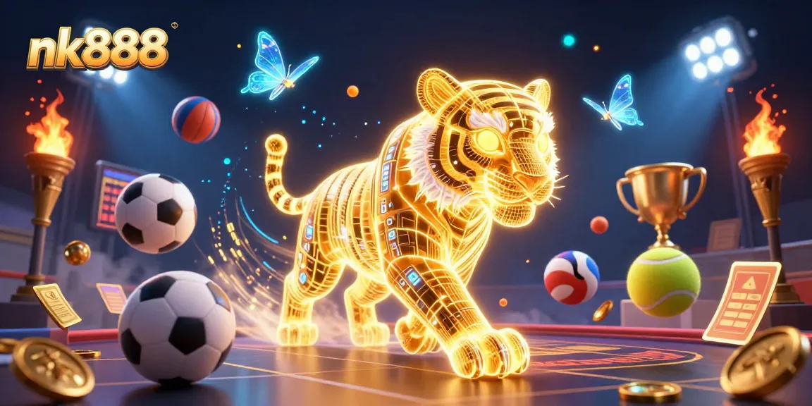 Experience the excitement of nk888 with a vibrant casino scene featuring dynamic sports betting elements and neon highlights.