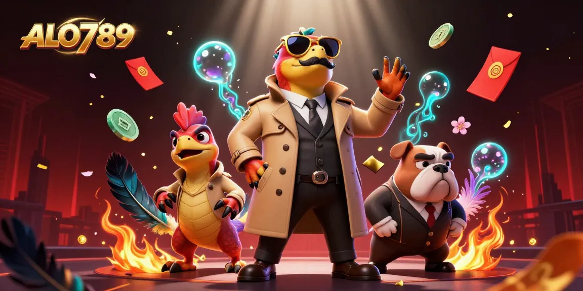 A LO789 cockfighting scene features three raptors in a trench coat entering a casino, showcasing vibrant gambling elements.