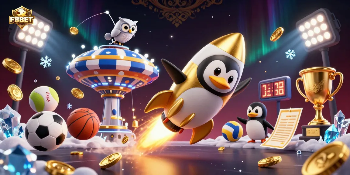 Experience thrilling gaming at F8BET, featuring a captivating penguin and gold coins in a vibrant casino scene.