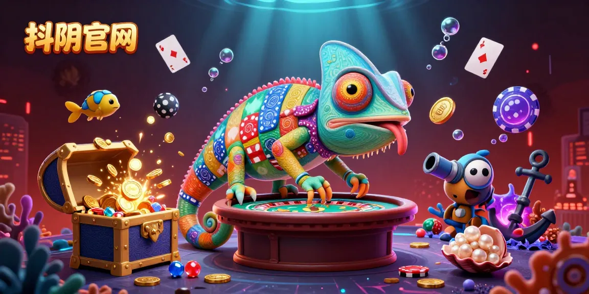 Experience excitement at 抖阴官网 with a vibrant illustration of a chameleon casino owner and dynamic gaming elements.