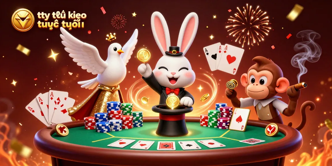 Experience the excitement of tỷ lệ kèo trực tuyến with a magician rabbit and poker elements in a vibrant scene.