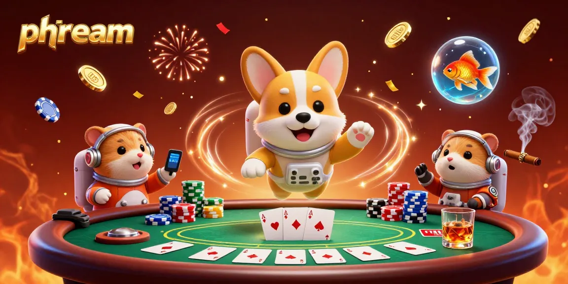 Experience exciting gaming at phdream with a floating corgi and vibrant casino elements.