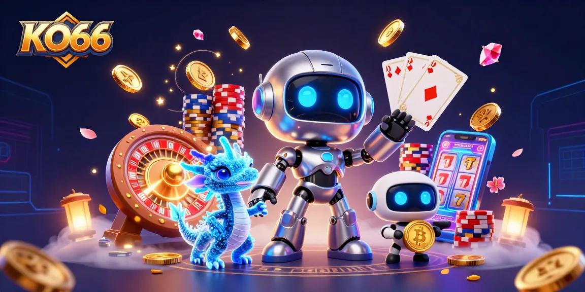 Experience KO66 with a vibrant casino scene featuring a 3D cartoon robot and exciting game elements.