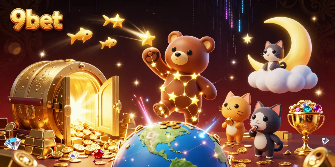 Experience thrilling gaming with 9bet's vibrant 3D casino illustration featuring a celestial bear and treasure