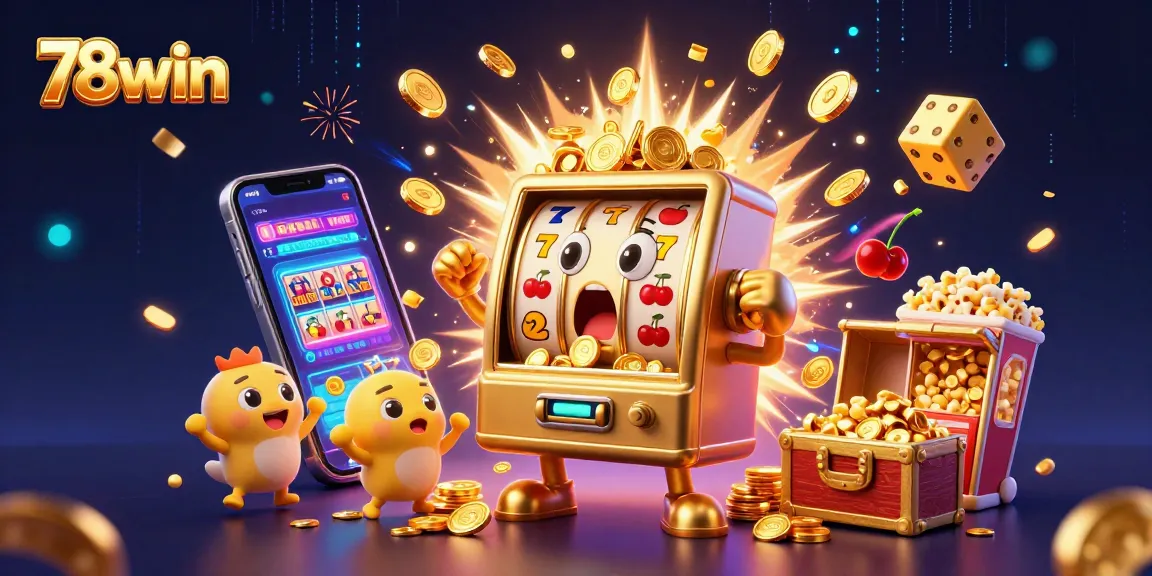 Experience the thrill of 78win with a golden slot machine celebrating its jackpot amidst a vibrant casino scene.