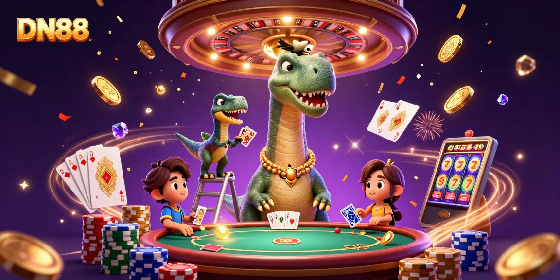 Experience thrilling gaming adventures at DN88 while surrounded by vibrant casino elements in a stunning illustration.
