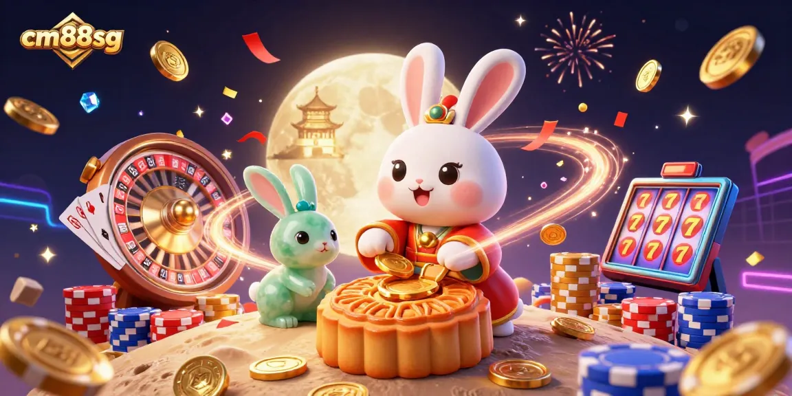 Experience the magic of cm88sg with a dynamic casino-themed illustration featuring iconic games and elements.