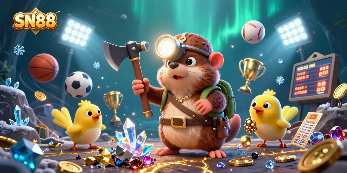Experience sports betting excitement with SN88, featuring dynamic games, glowing trophies, and action-packed elements.