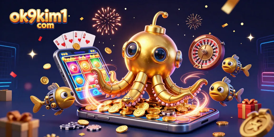 Engage with thrilling slot games at ok9kim1 com, featuring a golden kraken submarine immersed in golden coins.