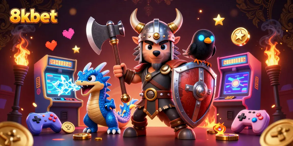 Experience thrilling gameplay with 8xbet's Viking warrior in vibrant casino scene.