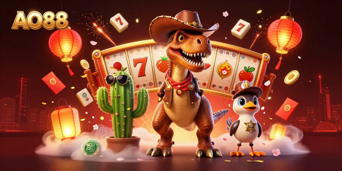 Experience the action of AO88 with a vibrant illustration featuring a cowboy dinosaur and friends amidst slot reels and casino elements.