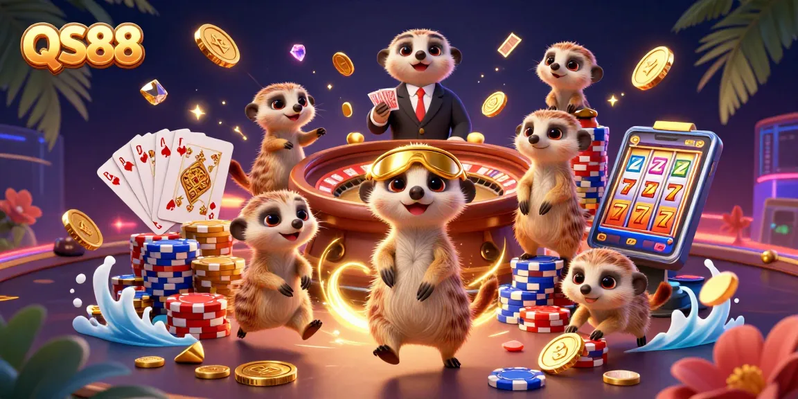 Experience the excitement of QS88 with meerkats running a vibrant casino scene packed with action and colorful elements.