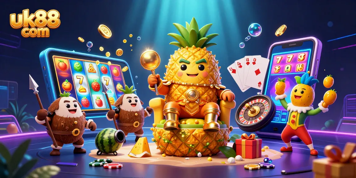 Play exciting games at uk88 com with a vibrant casino illustration showcasing slot symbols and royal characters.