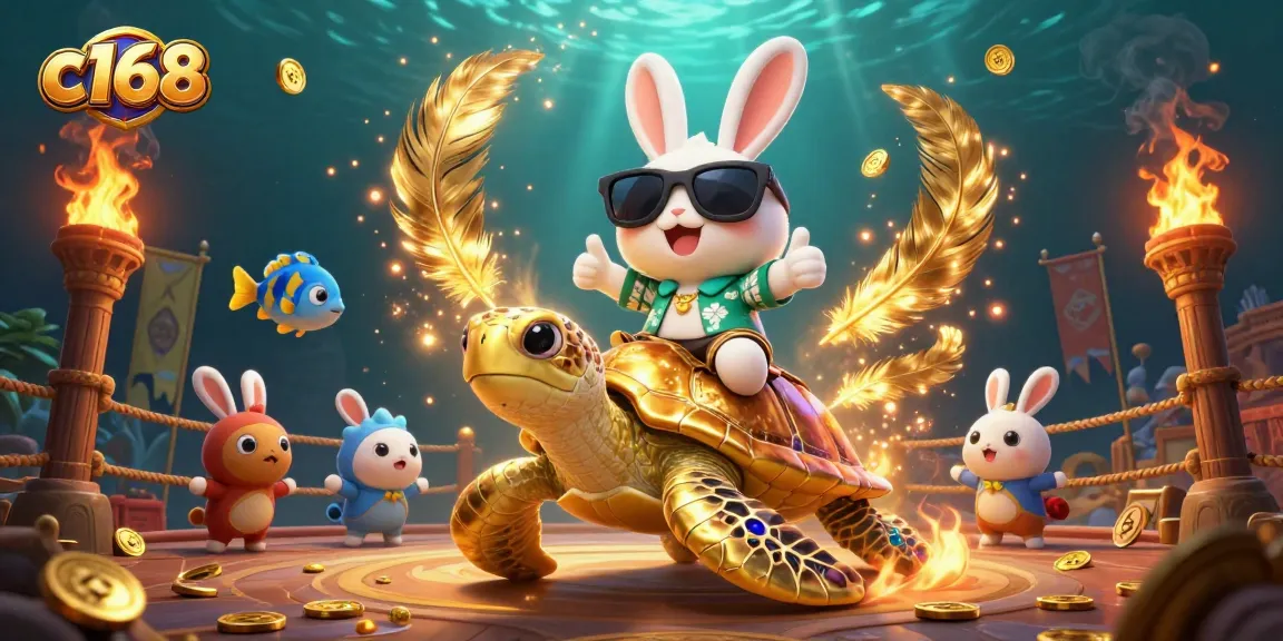 Experience thrilling wins at c168 with a vibrant festive scene featuring a lucky rabbit and a golden turtle.