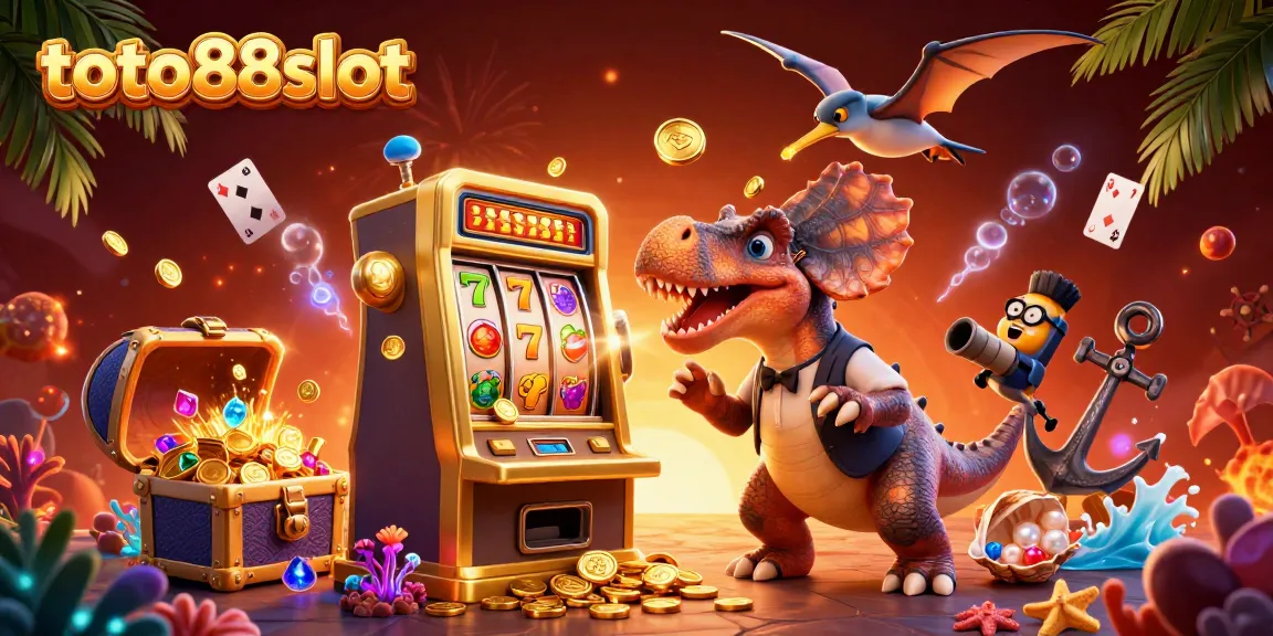 Experience the thrill of toto88slot with a pachycephalosaurus celebrating jackpots amidst dazzling casino elements.