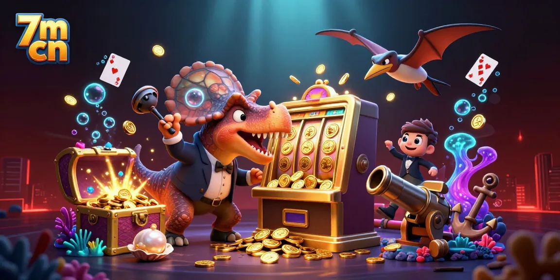 Engaging scene of 7m cn with cartoon dinosaurs interacting with a golden slot machine and collecting coins, emphasizing gaming excitement.