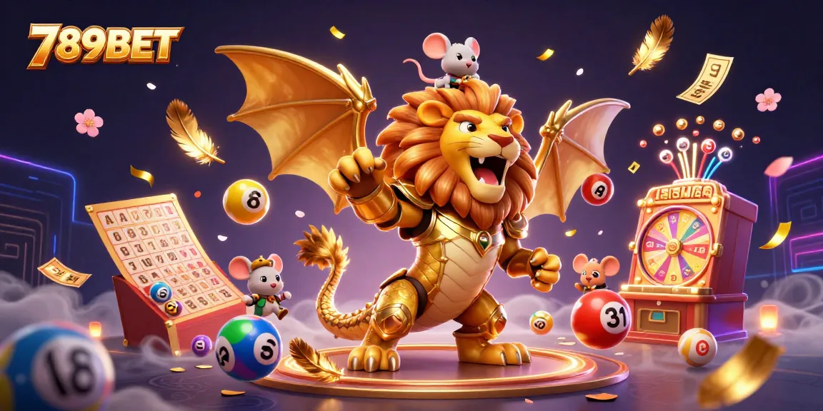 Engage with 789BET through this colorful, dynamic scene showcasing a triumphant chimera and diverse gambling elements.