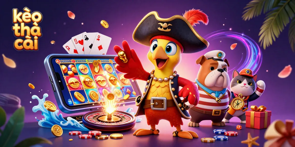 Engage with kèo nhà cái through a vibrant scene of 3D characters and colorful gambling elements.