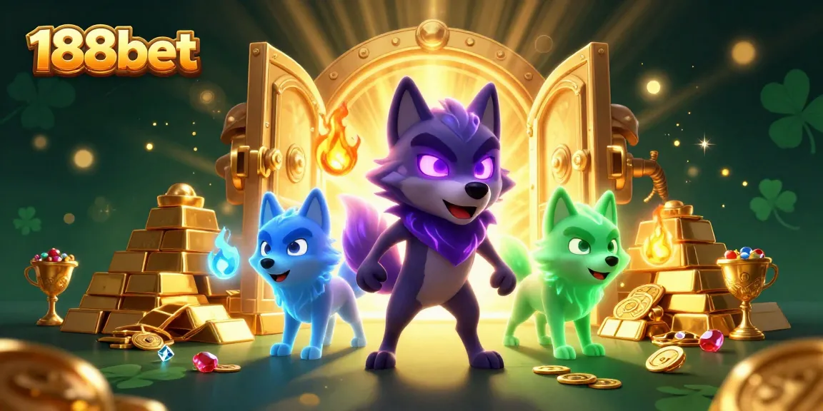 Experience thrilling action with 188bet as a glowing wolf leader stands guard over abundant casino treasures.