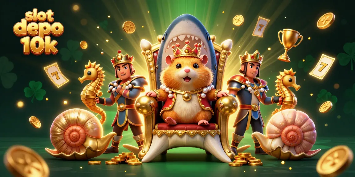 Experience the thrill of slot depo 10k with a golden hamster king on a shark throne in a vibrant casino scene.