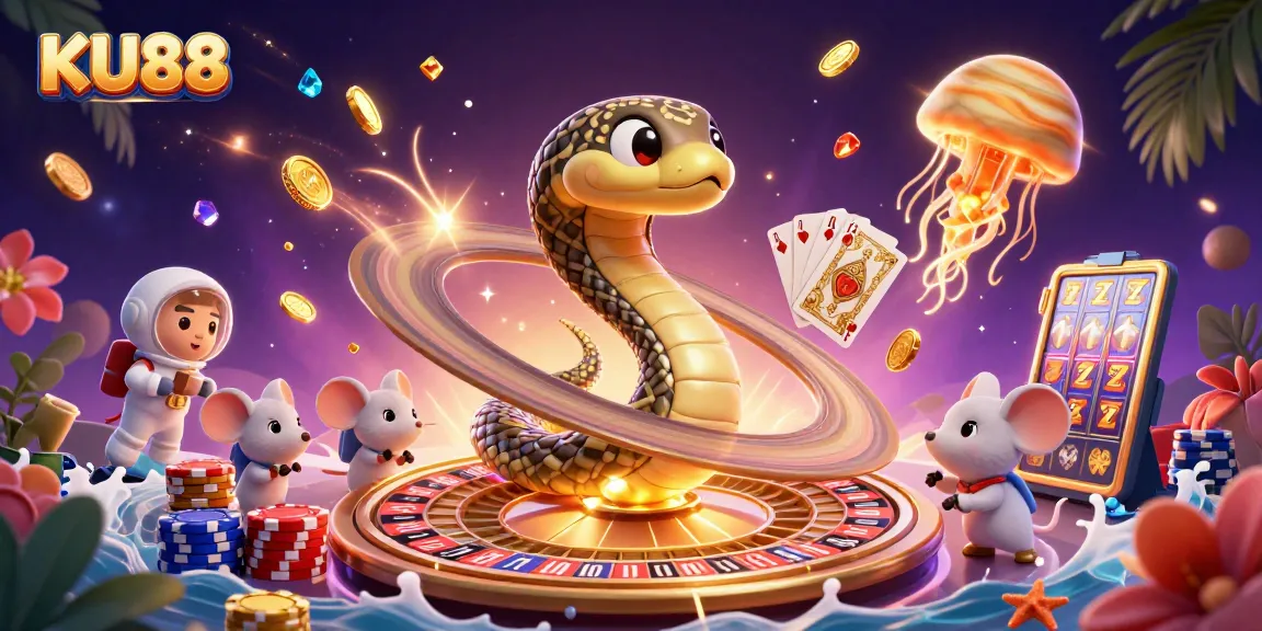 Experience thrilling bets with KU88 in a vibrant cosmic casino scene featuring playful astronaut mice.