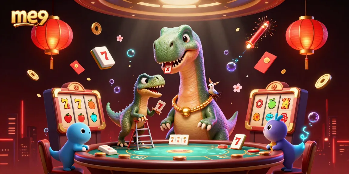 Experience exciting games at me99 with a playful brontosaurus and clever raptor in a vibrant casino.