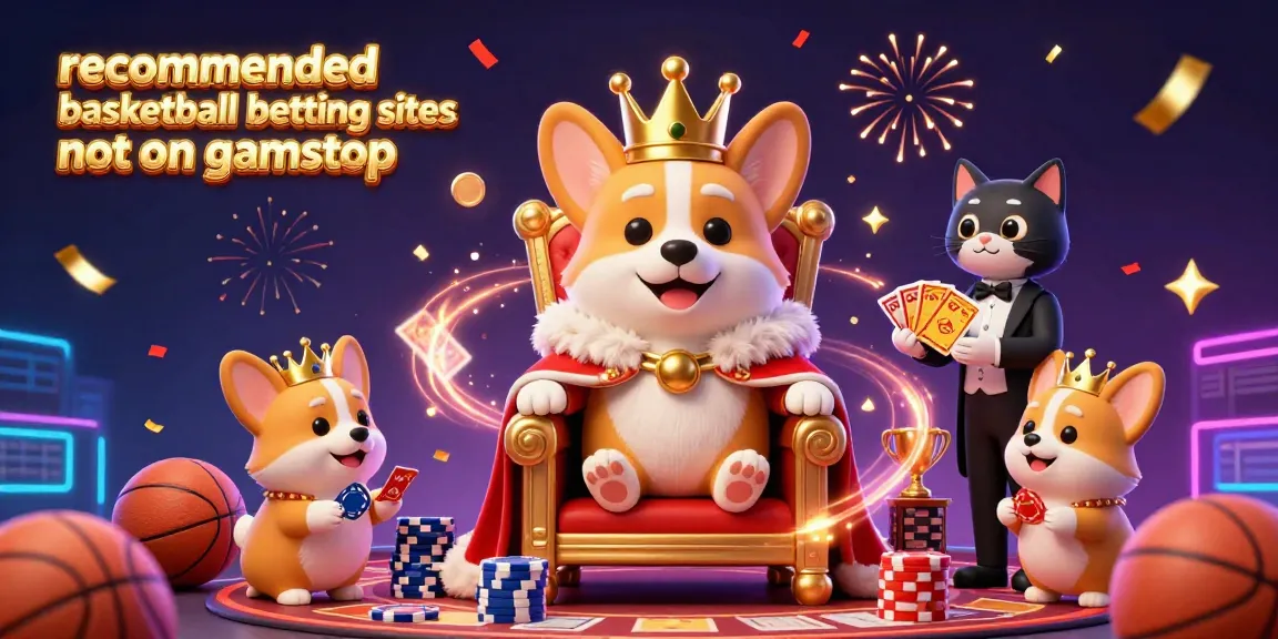 Experience the excitement of recommended basketball betting sites not on gamstop with immersive 3D cartoon art featuring corgis royalty and sports betting elements.