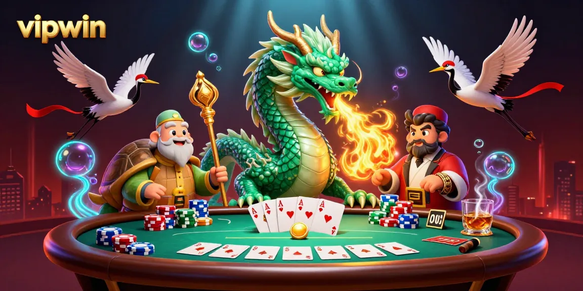 Experience thrilling poker moments with vipwin, enhanced by an emerald dragon and vibrant casino elements.