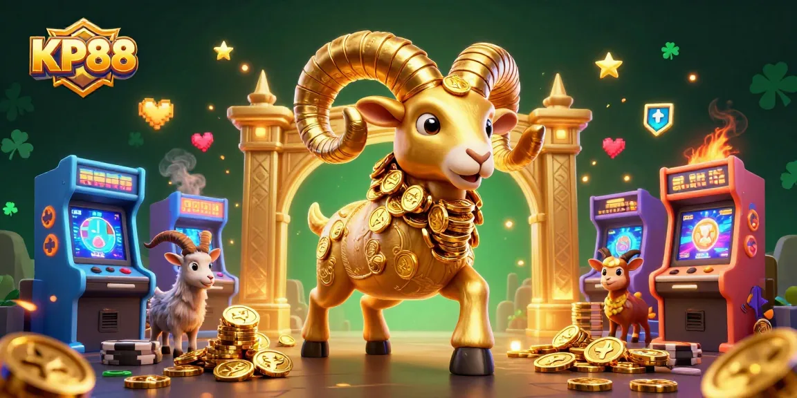 Experience KP88 with a vibrant illustration of a golden ram at the casino gate, surrounded by dynamic gaming elements.
