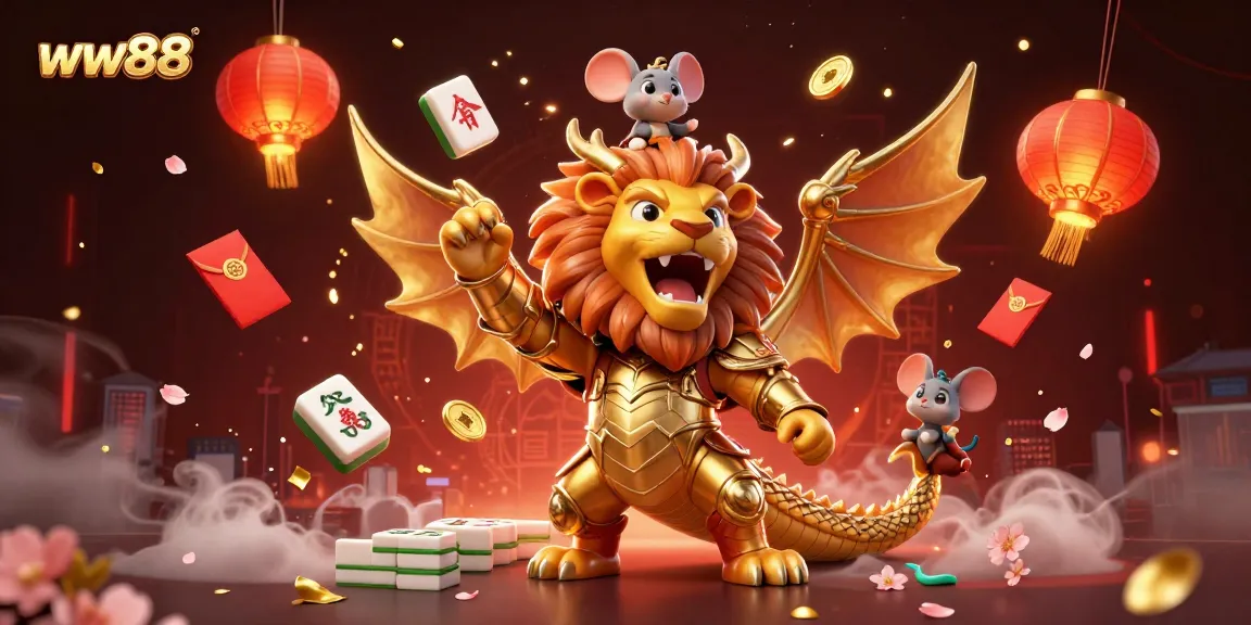 Engage in exciting gameplay at ww88 with a lively chimera, enriched by vibrant casino elements and festive ornaments.