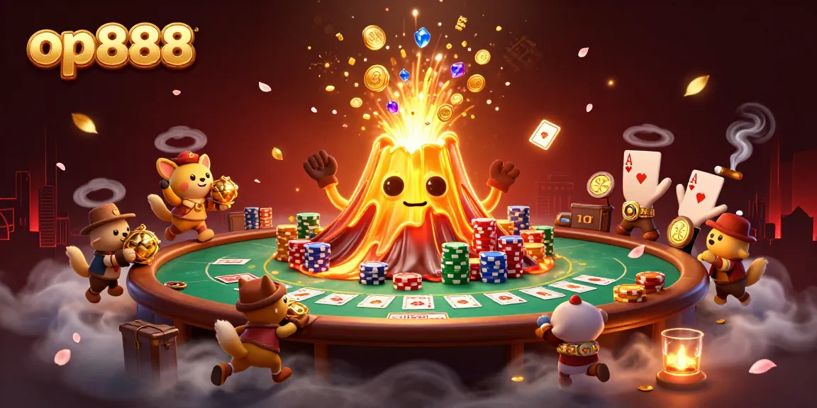 Win big at op888 with a golden volcano erupting coins and treasure in a thrilling casino scene.