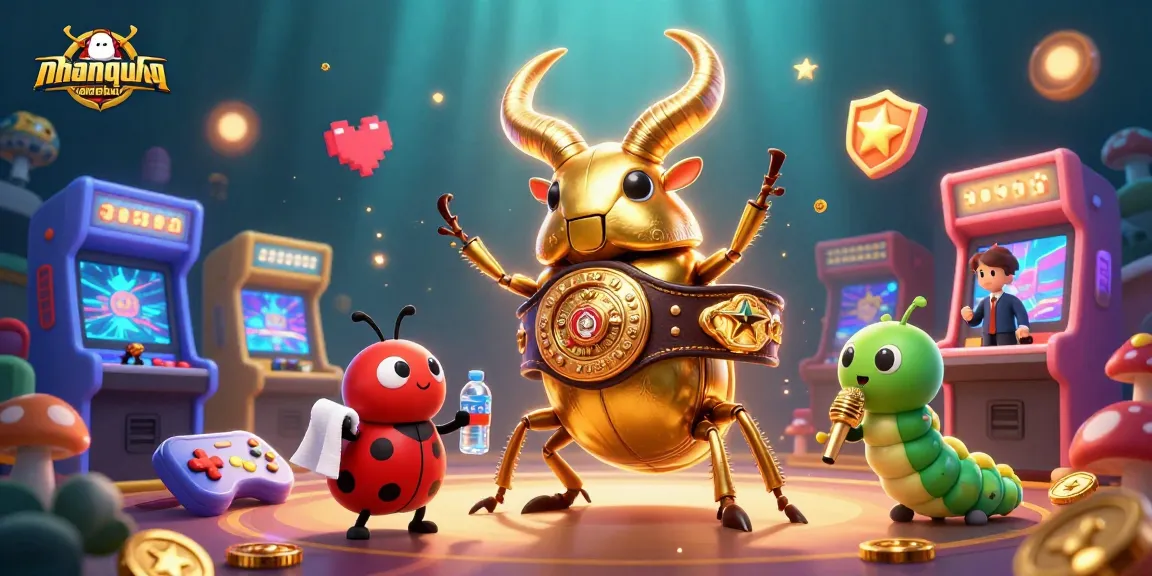 Engage with nhanquagamebai's thrilling gameplay featuring a giant golden stag beetle boxing under vibrant gaming lights.