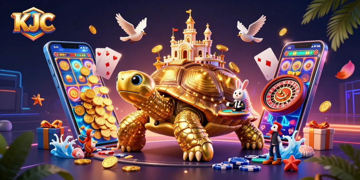 KJC offers dynamic gaming experiences with a vibrant 3D casino featuring a golden tortoise and a rabbit dealer.