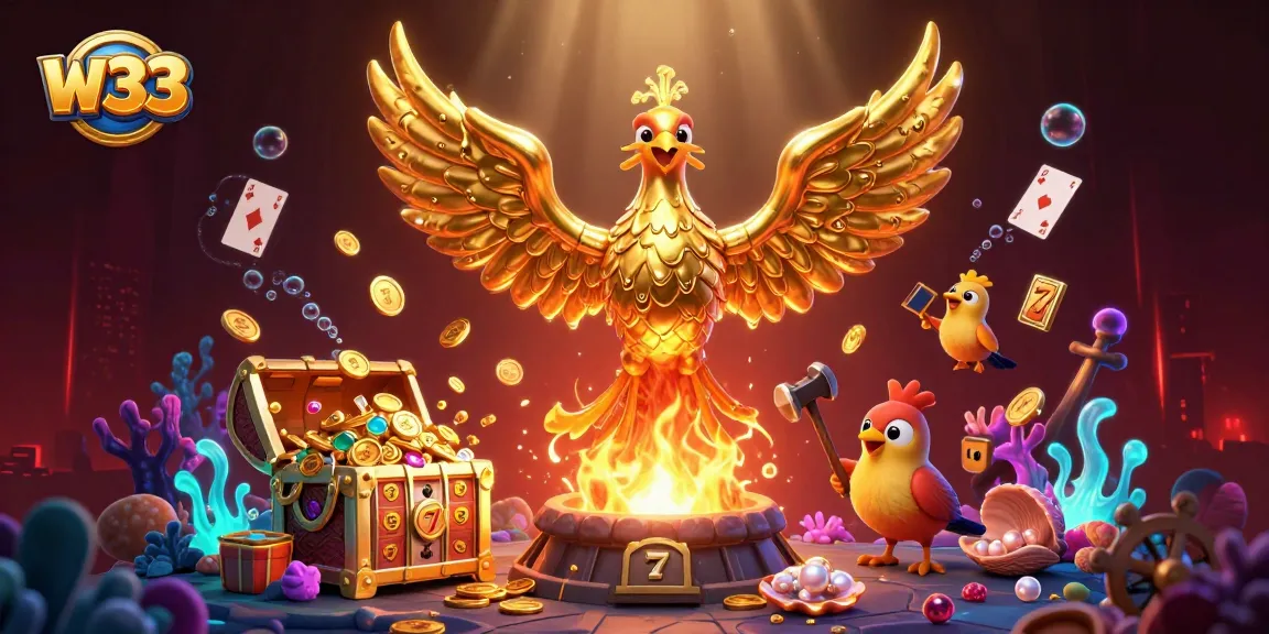 Experience the thrill of w33 with a golden phoenix amidst dynamic casino elements.