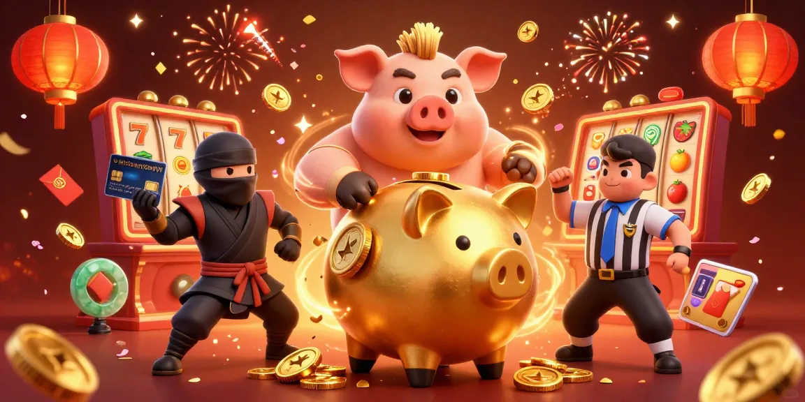 Engage with wallaseycemetery's vibrant casino scene featuring a golden piggy bank sumo wrestler amidst festive gaming elements.
