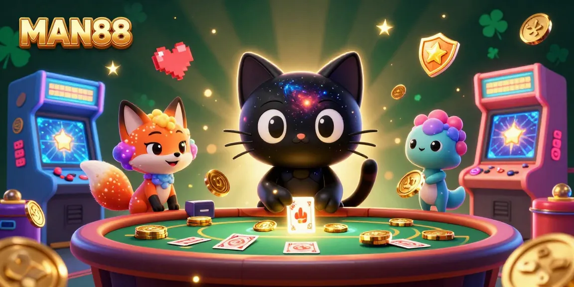 Engage in high-stakes gambling with MAN88's vibrant cosmic-themed casino illustration showcasing adventurous characters.