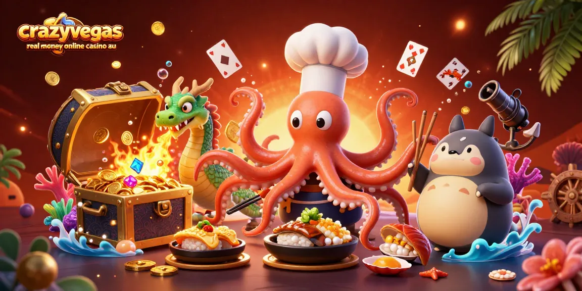 Experience the excitement of crazyvegas real money online casino au with a vibrant 3D illustration showcasing an octopus chef and dragon.